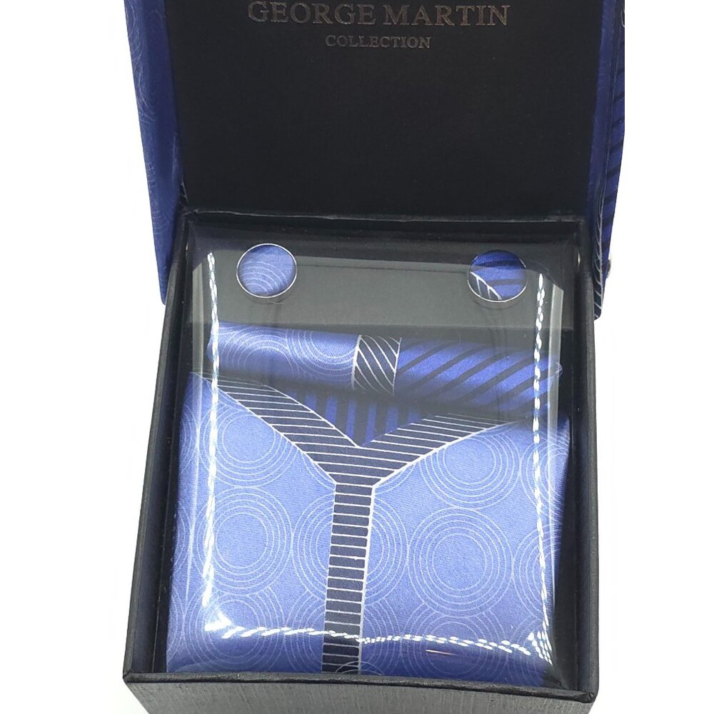 George Martin Collection Men's Blue Patterned Tie Set W/ Cufflinks & Pocket Squa